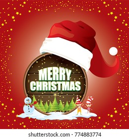 vector Christmas label with red santa hat, tree , snow, cartoon snowman , kids elves and greeting text on wooden round sign background. vector red merry christmas card or banner