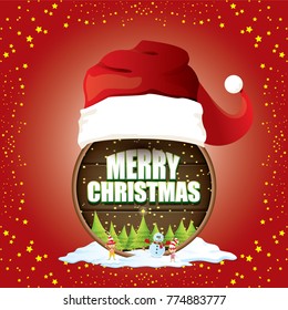 vector Christmas label with red santa hat, tree , snow, cartoon snowman , kids elves and greeting text on wooden round sign background. vector red merry christmas card or banner