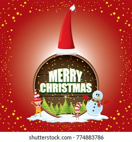 vector Christmas label with red santa hat, tree , snow, cartoon snowman , kids elves and greeting text on wooden round sign background. vector red merry christmas card or banner
