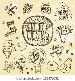 Vector christmas label set hand drawn, doodle illustration in vintage style