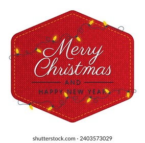 Vector Christmas label wrapped in lights with a wish: Merry Christmas and Happy New Year. Isolated on white background. 