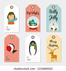 Vector Christmas labels collection with Holiday decoration elements with cartoon characters