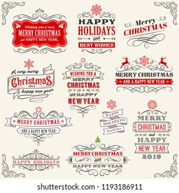 Vector Christmas labels with "Merry Christmas and Happy new year" variations. The art is fully layered for ease of editing.