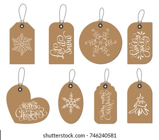 Vector Christmas labels tags collection with snowflakes, fir-tree, text Let it snow, holly jolly, merry christmas. Holiday decoration elements with doodle flourish vintage cartoon characters