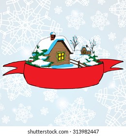 Vector Christmas landscape with lonely rural hut and red banner for text