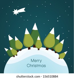 Vector Christmas landscape. Nice illustration for Christmas. Landscape with trees, stars and snow.