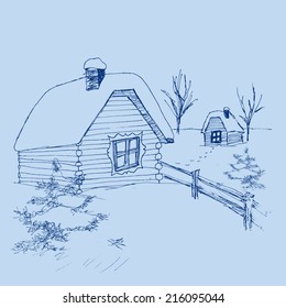 Vector christmas landscape sketch with cottage and trees in the mountains 