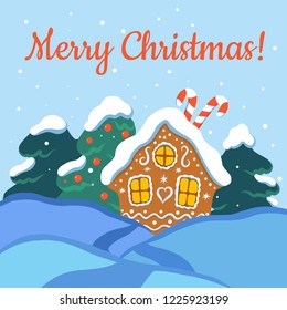 Vector Christmas landscape with Christmas trees, gingerbread house, snowfall. Ideal for postcards, backgrounds, decorations and decor