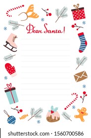 Vector Christmas letter to Santa Claus. Winter vector template. Seasonal design. Printable page.