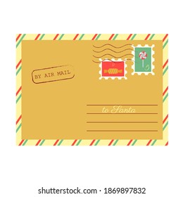 Carta navideña vectorial a Santa Aislada sobre fondo blanco. sobre navideño con estampillas de caramelo.