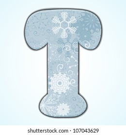 Vector Christmas letter T on blue background. Eps 10