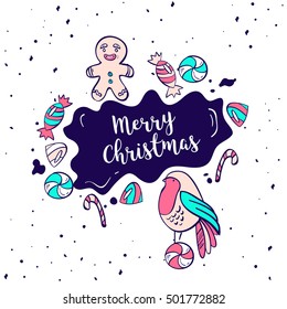 Vector christmas lettering greeting with candy cane and gingerbread man and litlle bird. Illustration of new year holiday card.