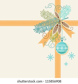 Vector christmas light background. Invitation and greeting card with stylized branches of christmas tree, cones, ribbon and christmas ball. Abstract simple winter holiday illustration with text box