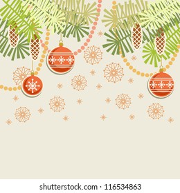 Vector christmas light background. Invitation and greeting card with stylized branches of christmas tree, cones, chaplets and christmas ball. Abstract simple winter holiday illustration with text box