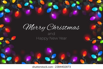 Vector Christmas lights border, light string frame isolated on dark background with copy space. Colored decorative garland. Xmas light border. Holiday decor element. Vector illustration.