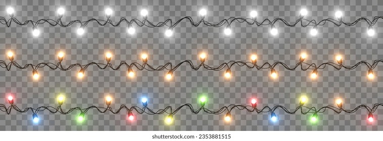 Vector Christmas lights. Christmas garland PNG. Christmas lights PNG. Christmas decoration, colorful LED lamps.