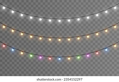 Vector Christmas lights. Christmas garland PNG. Christmas lights PNG. Christmas decoration, colorful LED lamps.