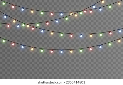 Vector Christmas lights. Christmas garland PNG. Christmas lights PNG. Christmas decoration, colorful LED lamps.