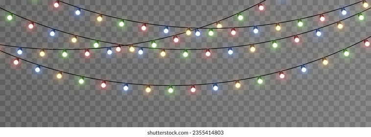 Vector Christmas lights. Christmas garland PNG. Christmas lights PNG. Christmas decoration, colorful LED lamps.