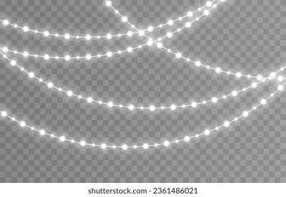 Vector Christmas lights. Christmas garland PNG. Christmas lights PNG. Christmas decoration, LED lamps. Garland with white lights.