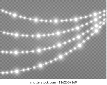 Vector Christmas lights, isolated on a transparent background. Christmas glowing garland. White translucent New Year decoration lights. Led neon lamp. Luminous lights for Christmas holidays