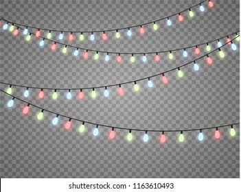 Vector Christmas lights, isolated on a transparent background. Christmas glowing garland. White translucent New Year decoration lights. Led neon lamp. Luminous lights for Christmas holidays