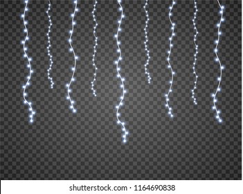 Vector Christmas lights, isolated on a transparent background. Christmas glowing garland. White translucent New Year decoration lights. Led neon lamp. Luminous lights for Christmas holidays