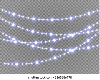 Vector Christmas lights, isolated on a transparent background. Christmas glowing garland. White translucent New Year decoration lights. Led neon lamp. Luminous lights for Christmas holidays