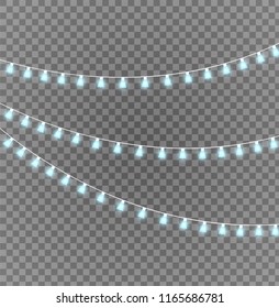 Vector Christmas lights, isolated on a transparent background. Christmas glowing garland. White translucent New Year decoration lights. Led neon lamp. Luminous lights for Christmas holidays