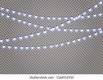 Vector Christmas lights, isolated on a transparent background. Christmas glowing garland. White translucent New Year decoration lights. Led neon lamp. Luminous lights for Christmas holidays