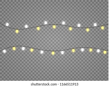 Vector Christmas lights, isolated on a transparent background. Christmas glowing garland. White translucent New Year decoration lights. Led neon lamp. Luminous lights for Christmas holidays