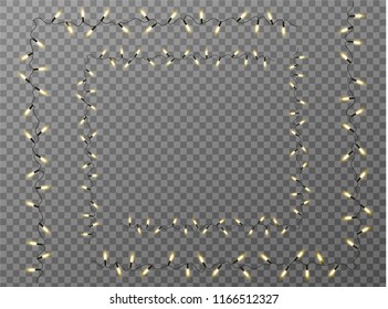 Vector Christmas lights, isolated on a transparent background. Christmas glowing garland. White translucent New Year decoration lights. Led neon lamp. Luminous lights for Christmas holidays