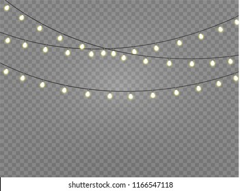 Vector Christmas lights, isolated on a transparent background. Christmas glowing garland. White translucent New Year decoration lights. Led neon lamp. Luminous lights for Christmas holidays