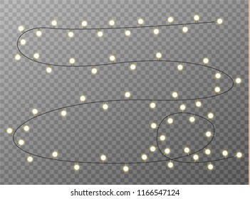 Vector Christmas lights, isolated on a transparent background. Christmas glowing garland. White translucent New Year decoration lights. Led neon lamp. Luminous lights for Christmas holidays