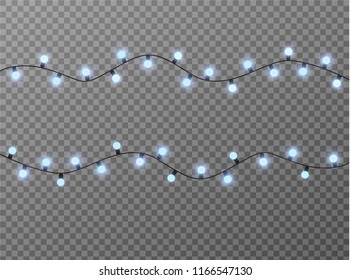 Vector Christmas lights, isolated on a transparent background. Christmas glowing garland. White translucent New Year decoration lights. Led neon lamp. Luminous lights for Christmas holidays