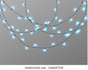 Vector Christmas lights, isolated on a transparent background. Christmas glowing garland. White translucent New Year decoration lights. Led neon lamp. Luminous lights for Christmas holidays