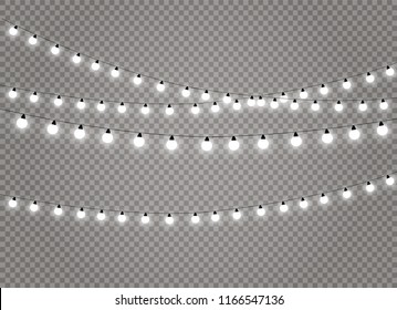 Vector Christmas lights, isolated on a transparent background. Christmas glowing garland. White translucent New Year decoration lights. Led neon lamp. Luminous lights for Christmas holidays