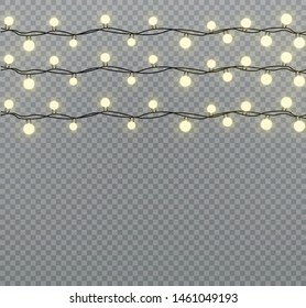 Vector Christmas lights, isolated on a transparent background. Christmas glowing garland. White translucent New Year decoration lights. Led neon lamp. Luminous lights for Christmas holidays