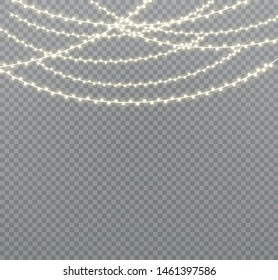 Vector Christmas lights, isolated on a transparent background. Christmas glowing garland. White translucent New Year decoration lights. Led neon lamp. Luminous lights for Christmas holidays