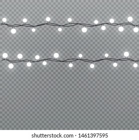 Vector Christmas lights, isolated on a transparent background. Christmas glowing garland. White translucent New Year decoration lights. Led neon lamp. Luminous lights for Christmas holidays