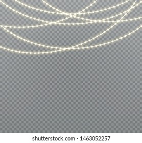 Vector Christmas lights, isolated on a transparent background. Christmas glowing garland. White translucent New Year decoration lights. Led neon lamp. Luminous lights for Christmas holidays