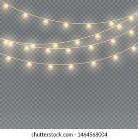 Vector Christmas lights, isolated on a transparent background. Christmas glowing garland. White translucent New Year decoration lights. Led neon lamp. Luminous lights for Christmas holidays