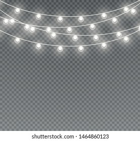 Vector Christmas lights, isolated on a transparent background. Christmas glowing garland. White translucent New Year decoration lights. Led neon lamp. Luminous lights for Christmas holidays