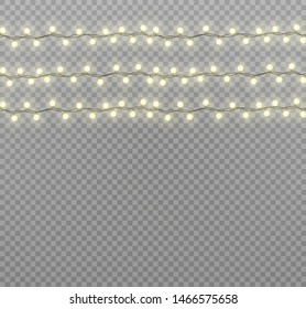 Vector Christmas lights, isolated on a transparent background. Christmas glowing garland. White translucent New Year decoration lights. Led neon lamp. Luminous lights for Christmas holidays