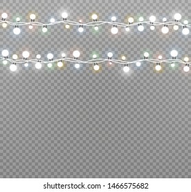 Vector Christmas lights, isolated on a transparent background. Christmas glowing garland. White translucent New Year decoration lights. Led neon lamp. Luminous lights for Christmas holidays