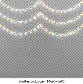 Vector Christmas lights, isolated on a transparent background. Christmas glowing garland. White translucent New Year decoration lights. Led neon lamp. Luminous lights for Christmas holidays
