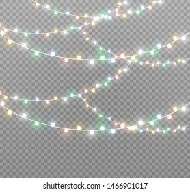 Vector Christmas lights, isolated on a transparent background. Christmas glowing garland. White translucent New Year decoration lights. Led neon lamp. Luminous lights for Christmas holidays
