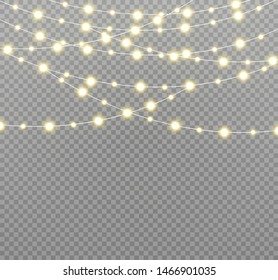 Vector Christmas lights, isolated on a transparent background. Christmas glowing garland. White translucent New Year decoration lights. Led neon lamp. Luminous lights for Christmas holidays