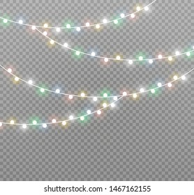 Vector Christmas lights, isolated on a transparent background. Christmas glowing garland. White translucent New Year decoration lights. Led neon lamp. Luminous lights for Christmas holidays