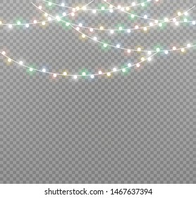 Vector Christmas lights, isolated on a transparent background. Christmas glowing garland. White translucent New Year decoration lights. Led neon lamp. Luminous lights for Christmas holidays
